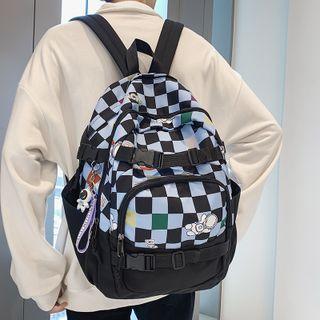 Check Panel Print Nylon Backpack