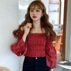 3/4-sleeve Plaid Off-shoulder Crop Top As Shown In Figure - One Size
