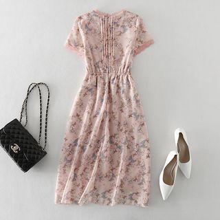 Short-sleeve Lace-trim Butterfly Print A-line Dress