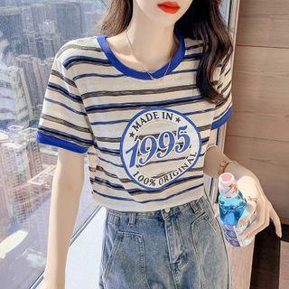 Lettering Print Striped T-shirt