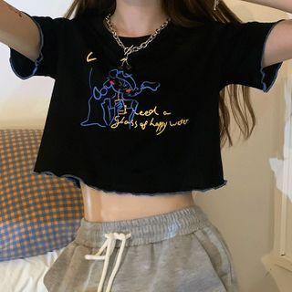 Short-sleeve Ruffled-trim Print Cropped T-shirt