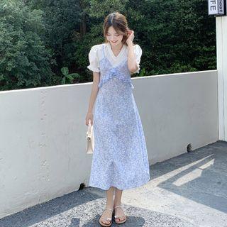Mock Two-piece Short-sleeve Shirt + Floral Print Overall Dress