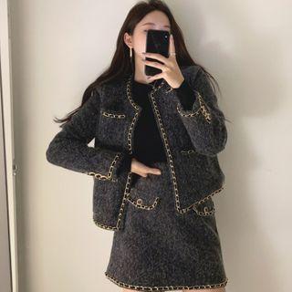 Set: Contrast Trim Jacket + Mini Skirt