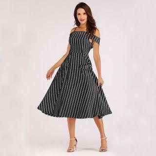 Cold-shoulder Striped Midi A-line Dress