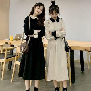 Long-sleeve Two-tone Midi Collar Dress