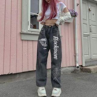 Print And Lettering High Waist Loose-fit Jeans