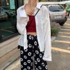 Long-sleeve Shirt / Spaghetti Strap Top / Flower Print Wide-leg Pants