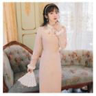 Long-sleeve Faux Fur Trim Faux Pearl Midi Sheath Dress