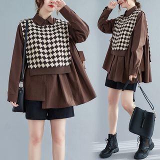 Set: Puff-sleeve Shirt + Argyle Print Sweater Vest Set - Shirt & Vest - Coffee - One Size