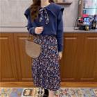 Collared Lace-up Sweater / Floral Print A-line Skirt