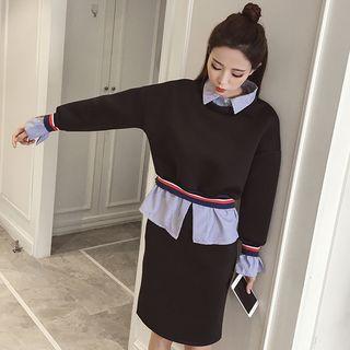 Set: Neoprene Panel Long-sleeve Sweatshirt + Midi Skirt