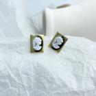 Resin Embossed Face Rectangle Earring 1 Pair - 925 Silver Stud Earring - Gold & White - One Size