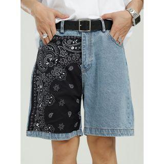 Paisley Print Panel Denim Shorts