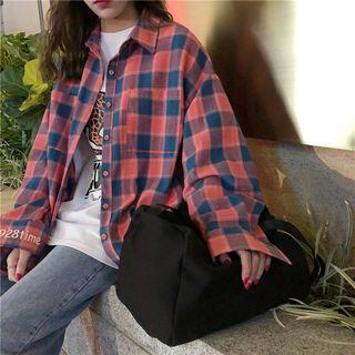 Long-sleeve Plaid Button Down Shirt As Shown In Figure - One Size