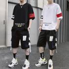 Set: Elbow-sleeve Letter Color Block T-shirt + Cargo Shorts