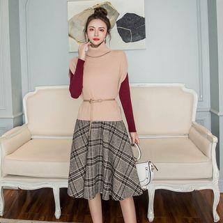 Set: Turtleneck Knit Vest + Long-sleeve Top + Midi Plaid A-line Skirt