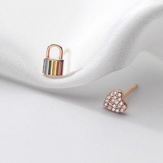 Lock Heart Rhinestone Asymmetrical Sterling Silver Earring