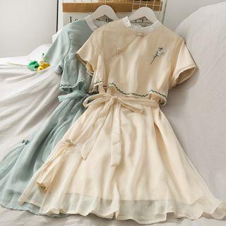 Embroidered Chiffon Qipao Dress With Sash