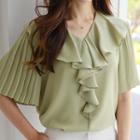 V-neck Pleated-sleeve Ruffle-detail Top