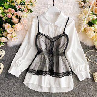 Set: Bell-sleeve Shirt + Lace Camisole