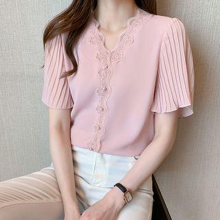 Short-sleeve V-neck Lace Trim Chiffon Top