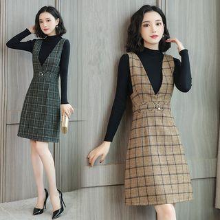 Set: Mock-turtleneck Knit Top + Plaid Pinafore Dress
