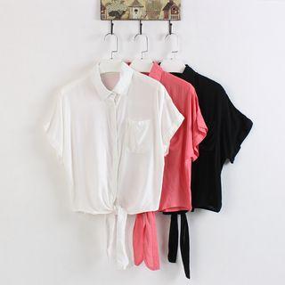 Short-sleeve Bow Plain Blouse