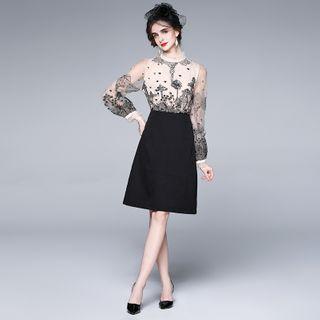 Mock Two-piece Embroidered Mesh Panel Midi A-line Dress