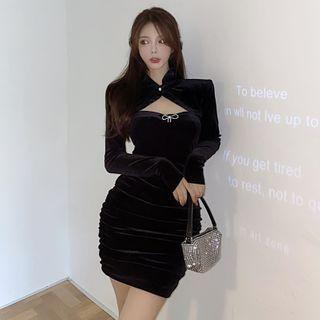 Set: Long-sleeve Velvet Shrug + Spaghetti Strap Mini Dress
