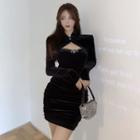 Set: Long-sleeve Velvet Shrug + Spaghetti Strap Mini Dress