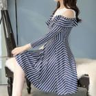 Striped Cut Out Shoulder A-line Dress