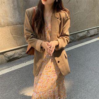 Plaid Blazer / Floral Midi A-line Dress