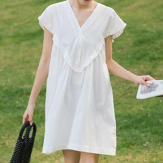 V-neck Plain Ruffled A-line Dress