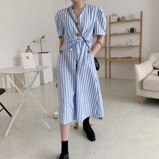 Short-sleeve Plaid Midi A-line Dress Gingham - Blue - One Size