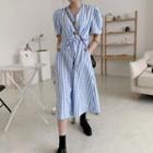 Short-sleeve Plaid Midi A-line Dress Gingham - Blue - One Size