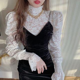 Spaghetti Strap Velvet Midi Sheath Dress / Long-sleeve Mock-neck Lace Top