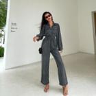 High-waist Washed Denim Straight-cut Jumpsuit Dark Gray - One Size