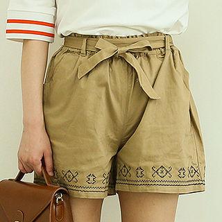 Stitched Cotton Shorts With Sash