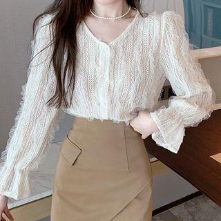 V-neck Mesh Panel Lace Blouse