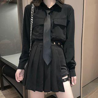 Dual Pocket Shirt / Neck Tie / Pleated Mini Skirt / Set
