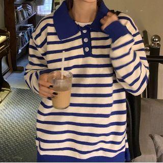 Long-sleeve Striped Knit  Sweater Stripe - One Size