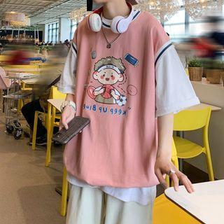 Mock Two-piece Color Block Print 3/4-sleeve T-shirt