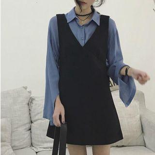 Set: Slit-cuff Shirt + Sleeveless Dress