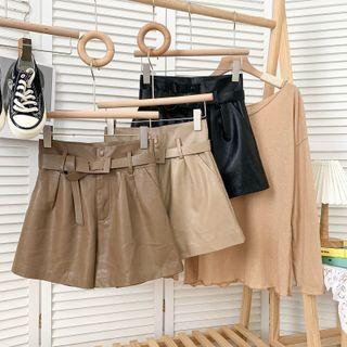 Faux-leather Wide-leg Shorts With Belt