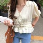 Short-sleeve Buttoned Peplum Crop Top As Shown In Figure - One Size