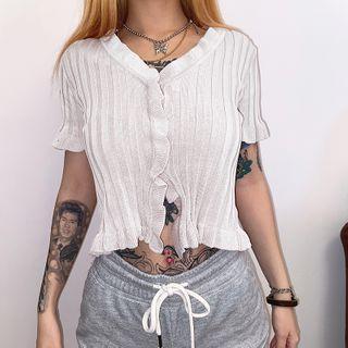 Short-sleeve Frill Trim Button Knit Top