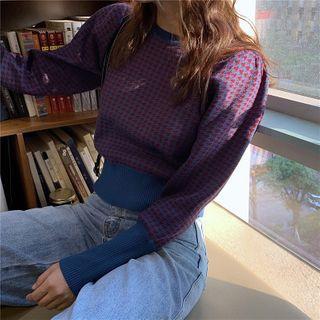 Houndstooth Lantern-sleeve Sweater As Figure - One Size