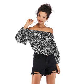 Leopard Cold Shoulder Long-sleeve Chiffon Top