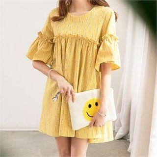 Elbow-sleeve Frill-trim Pattern Dress