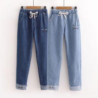 Cat Print Straight-cut Jeans